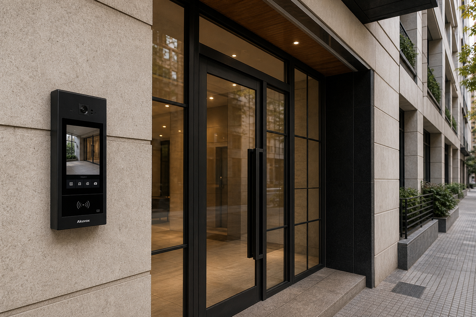 Entrada de un edificio residencial con videoportero Akuvox instalado junto a la puerta