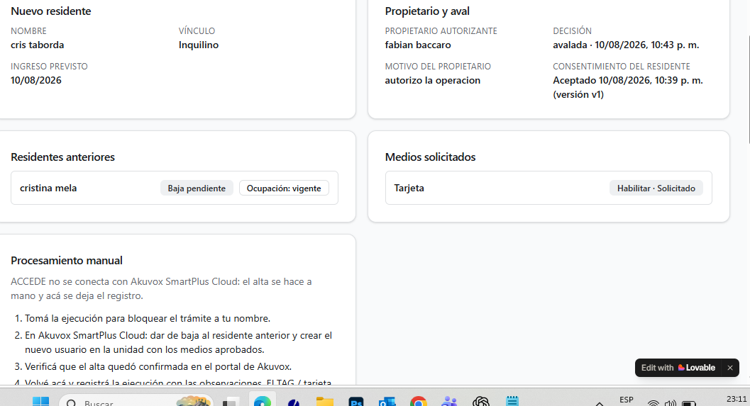 Pantalla de procesamiento de una solicitud en ACCEDE